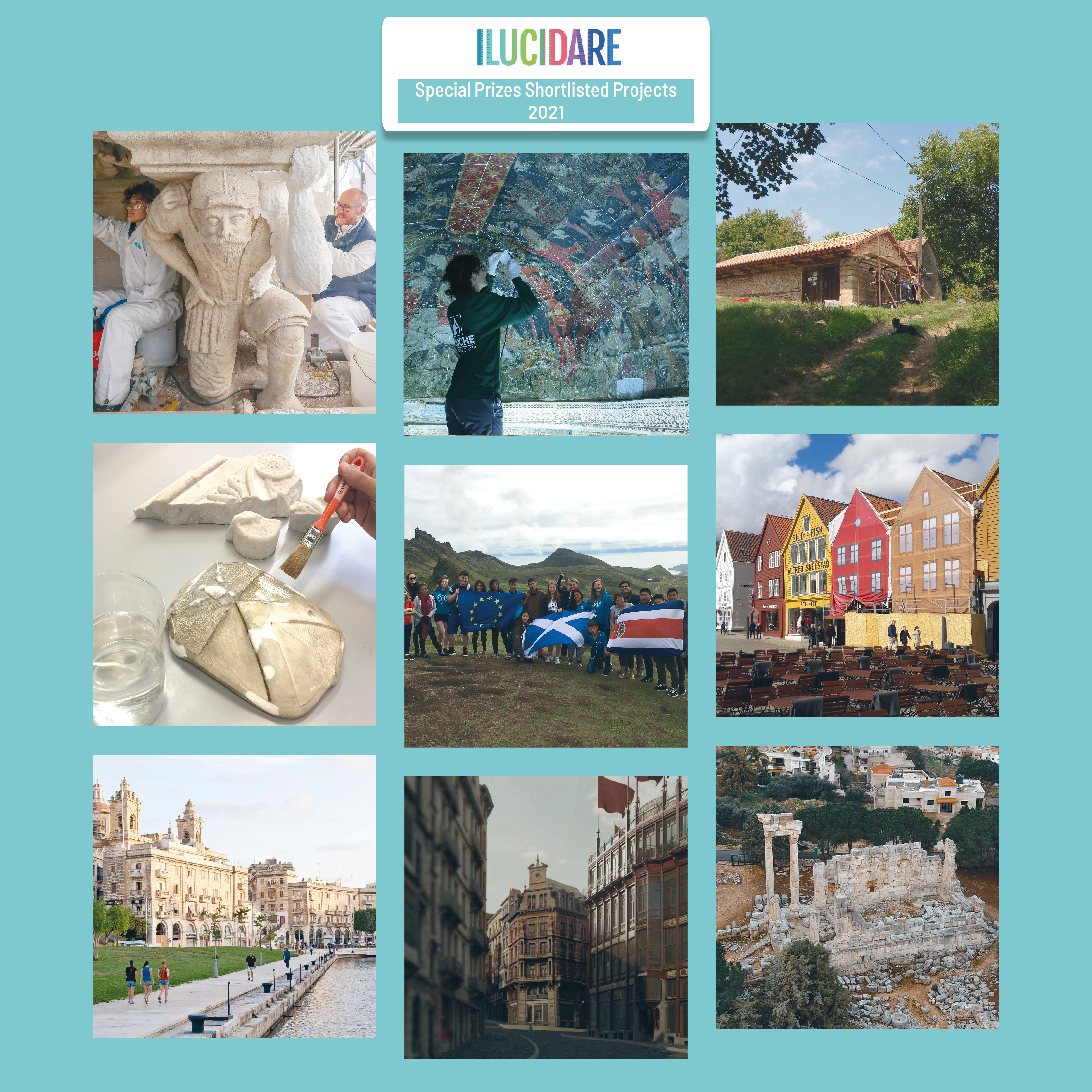 Collage Square for EULAC Illucidare shortlisting. 9 squares with art, sculptures and students gathering